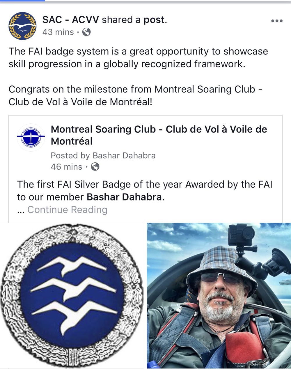 Montreal Soaring Club post announcing the FAI Silver Badge awarded to Bashar Dahabra